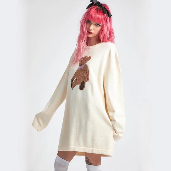 dELiA*s by Dolls Kill On Cloud Fine Oversized Intarsia Bear Sweater White Small - Picture 2 of 7